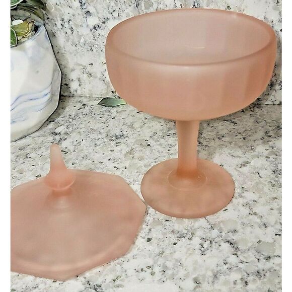 Frosted Pink Satin Glass Candy Dish with Lid Pink‎ 9" Tall Vintage - Picture 3 of 5